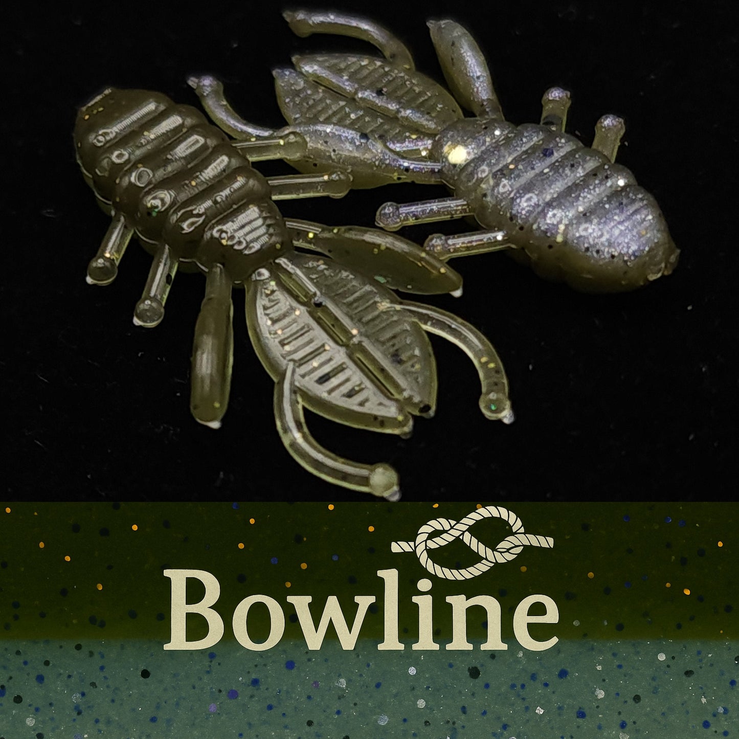 Two transparent insect-shaped fishing lures on a black background with 'Bowline' branding.