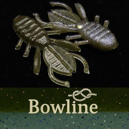 Two transparent insect-shaped fishing lures on a black background with 'Bowline' branding.
