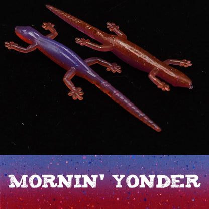 Two lizard-shaped fishing lures on a dark background with 'Mornin' Yonder' text.