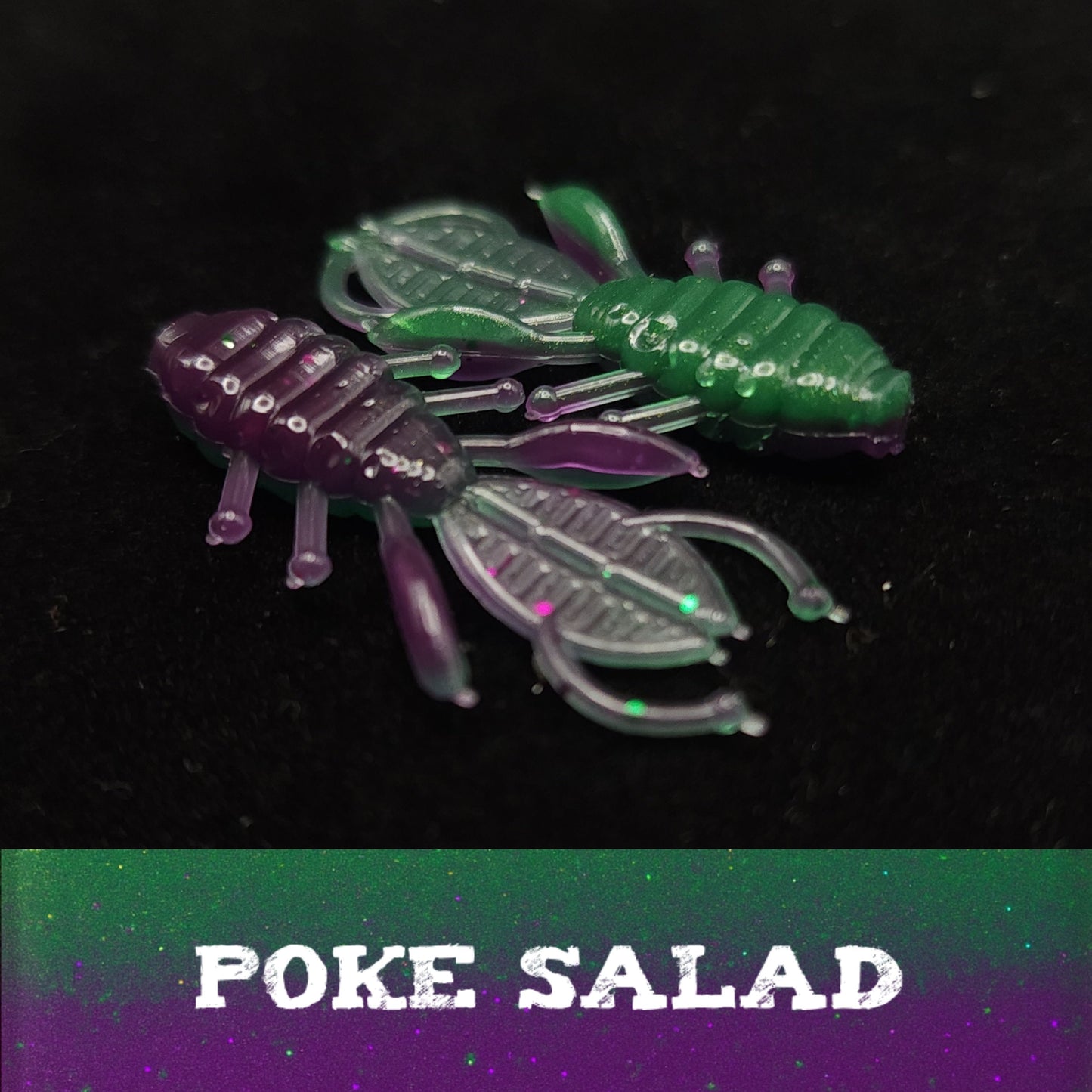 Three colorful insect-shaped toys on a black background with 'POKE SALAD' text.