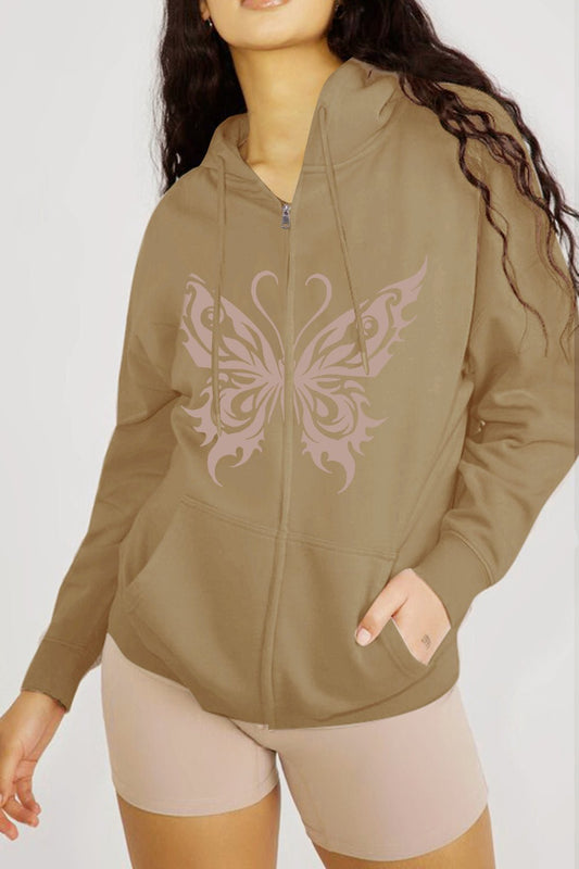 Simply Love Full Size Butterfly Graphic Hoodie – Taupe by Simply Love