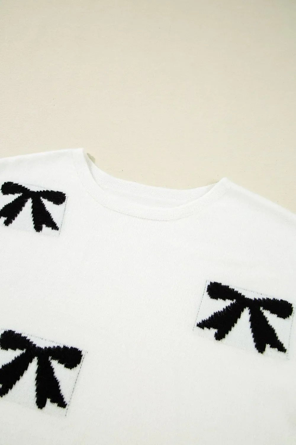 Bow Pattern Knit Short Sleeve Sweater – White by Simply Love