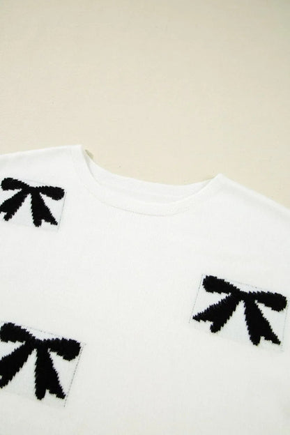 Bow Pattern Knit Short Sleeve Sweater – White by Simply Love