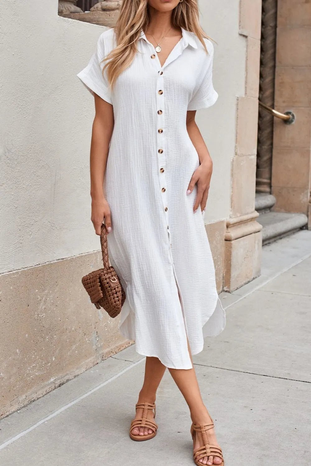 Button Down Short Sleeve Midi Shirt Dress – White for Shopify Collective (4 view)