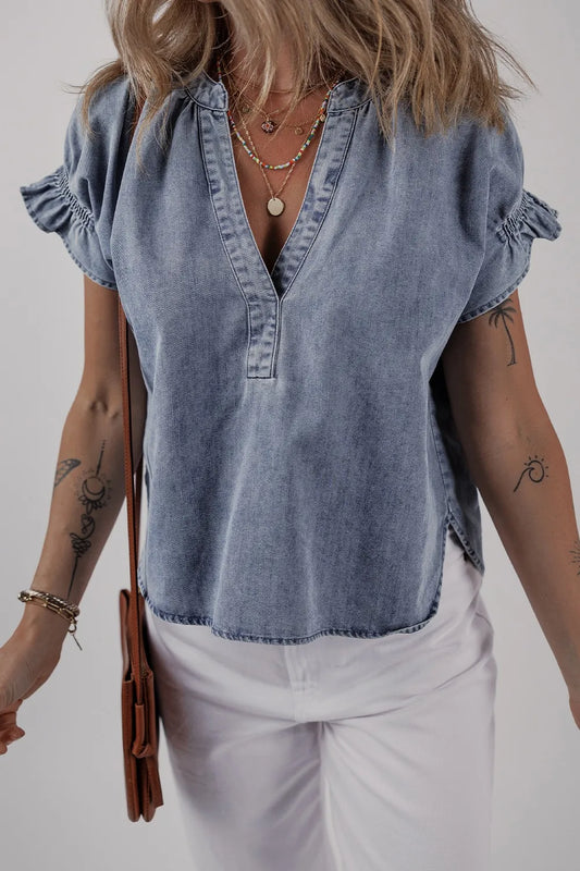 V Neck Ruffled Short Puff Sleeve Denim Top – Medium for Shopify Collective (1 view)