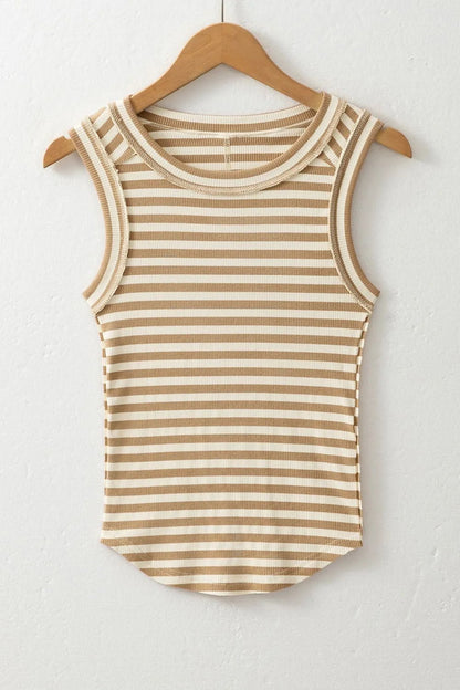 Stripe Exposed Seam Trim Round Neck Sleeveless Top – Khaki for Shopify Collective (6 view)