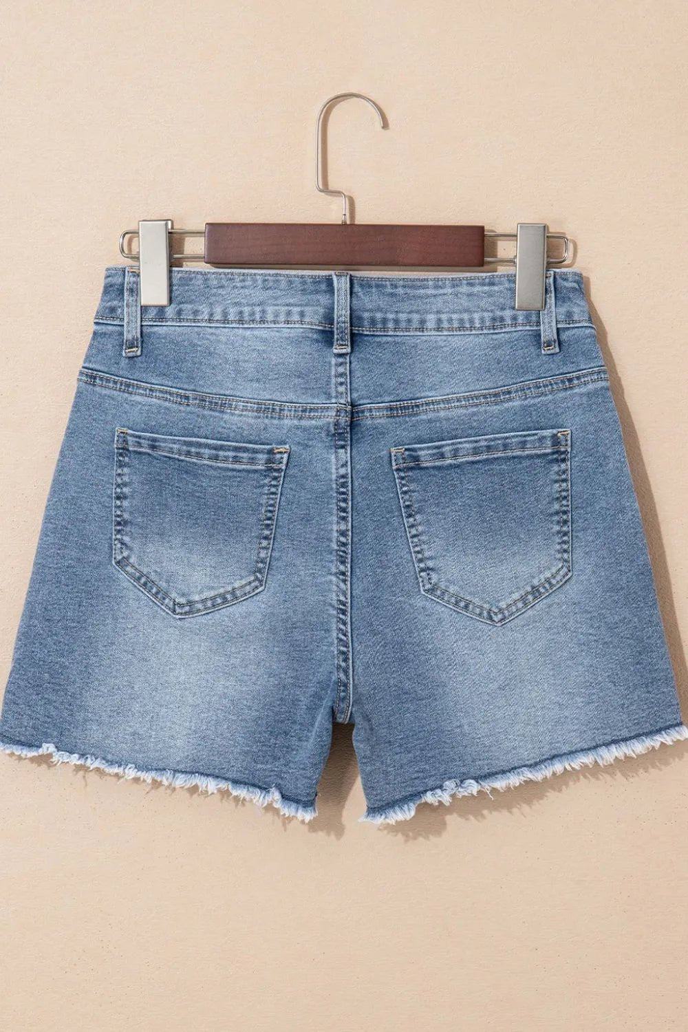 Pearl Beaded Raw Hem Wash Denim Shorts – Medium by Simply Love