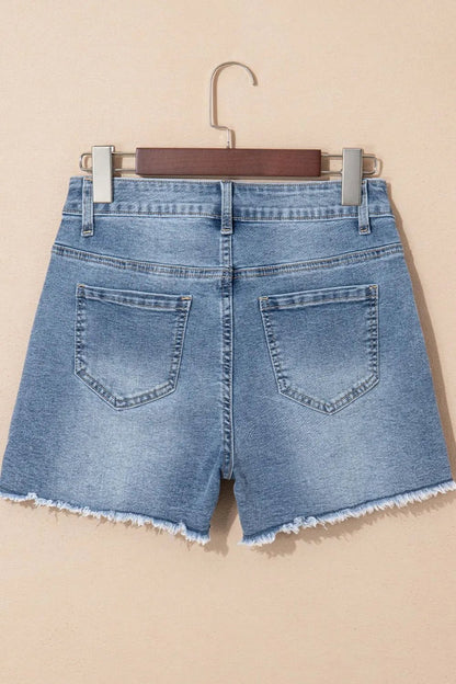 Pearl Beaded Raw Hem Wash Denim Shorts – Medium by Simply Love