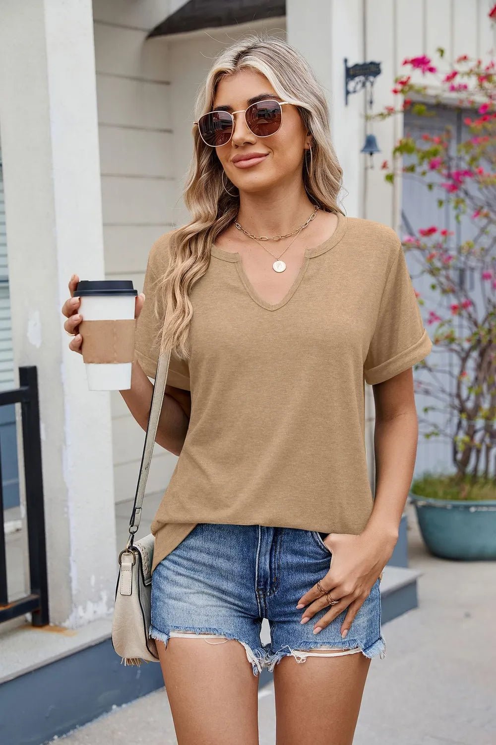Florira Notched Short Sleeve T-Shirt – Tan Women's Top for Shopify Collective (27 view)