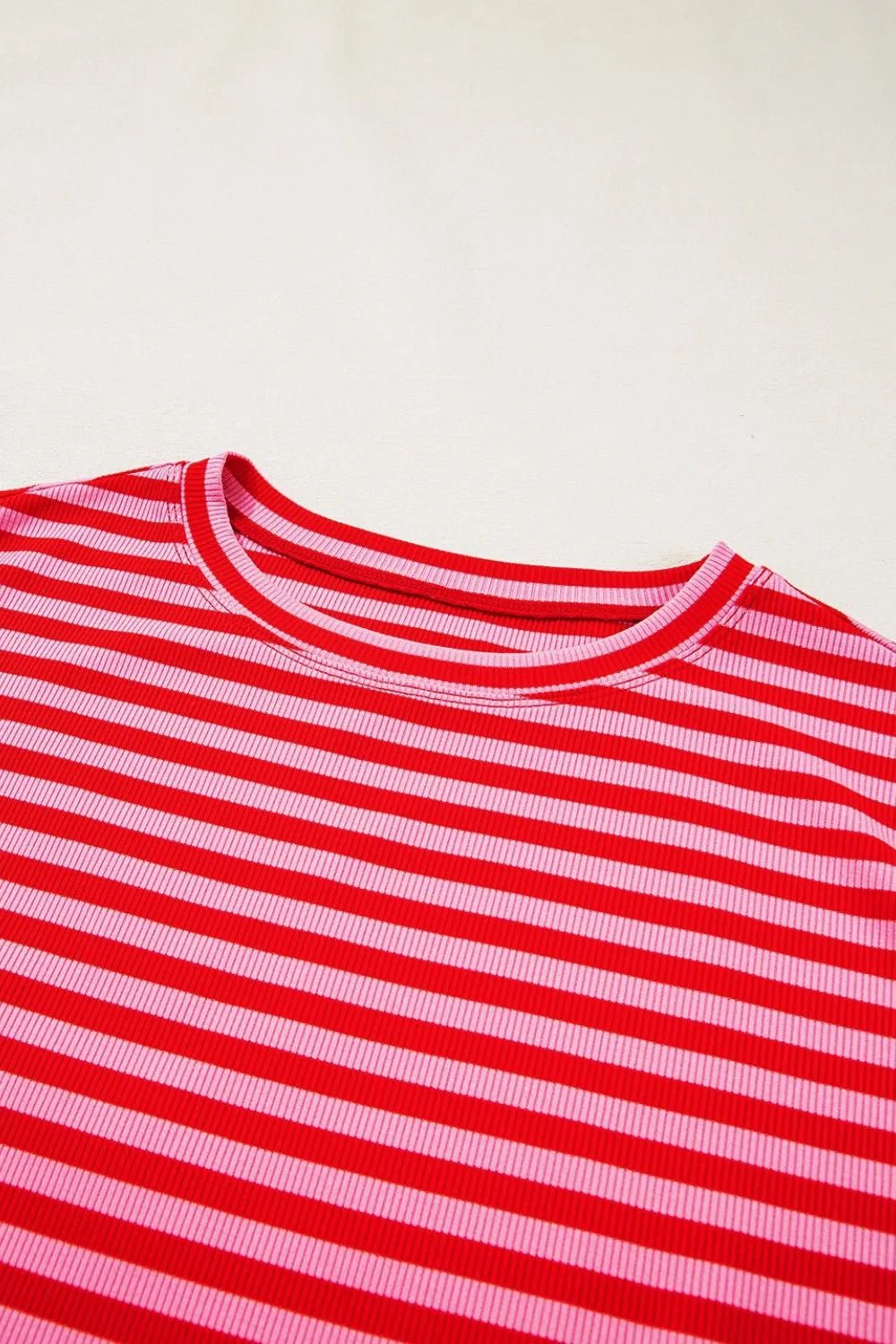 Stripe Ribbed Cap Sleeve Round Neck T Shirt – Strawberry for Shopify Collective (9 view)