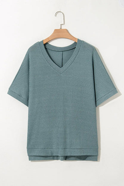 Oversized Ribbed Knit V Neck Dolman Short Sleeve Top – Air Force Blue by Simply Love