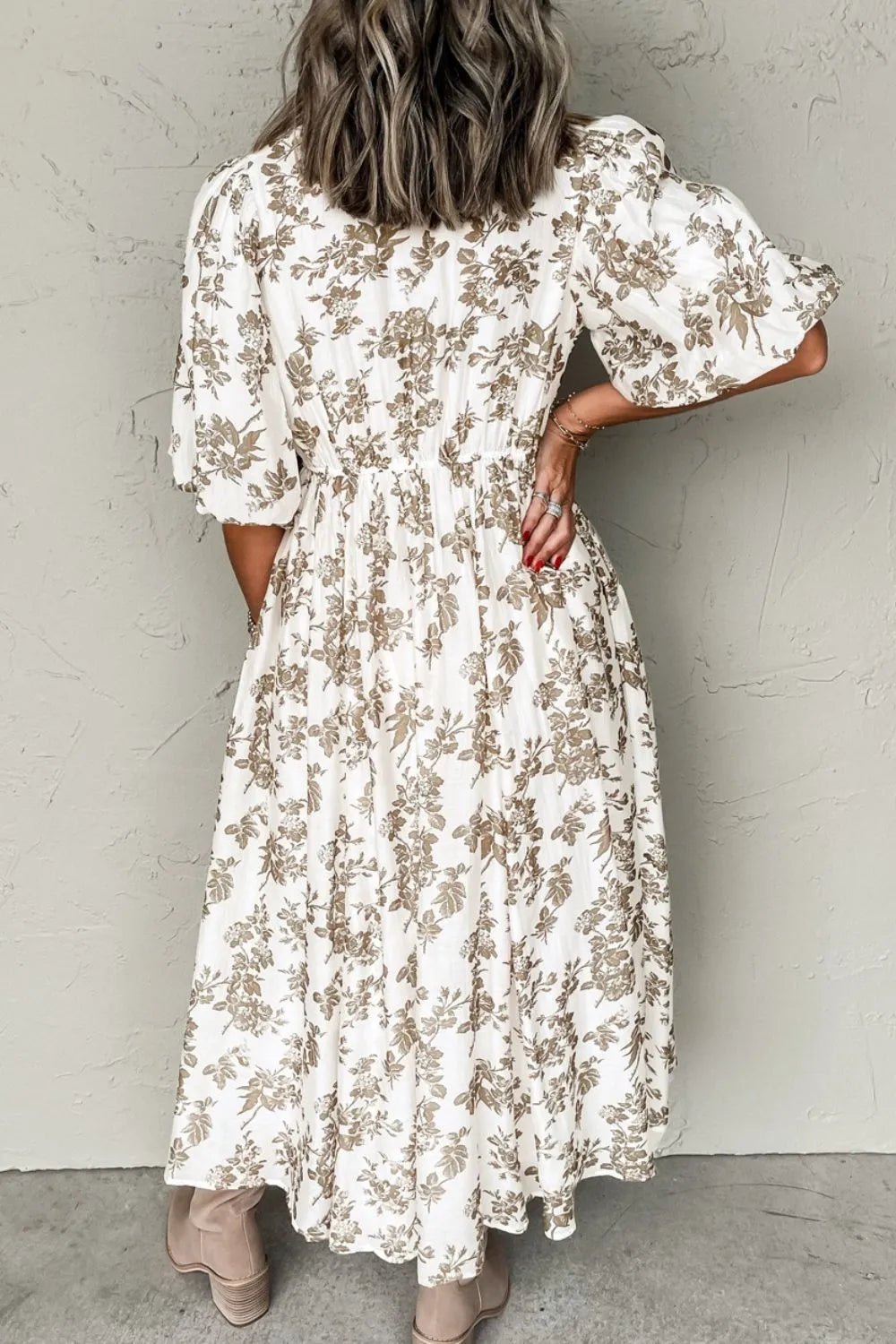 Printed Button Front Puff Sleeve Dress – White for Shopify Collective (9 view)