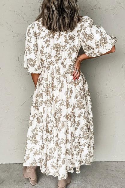 Printed Button Front Puff Sleeve Dress – White for Shopify Collective (9 view)