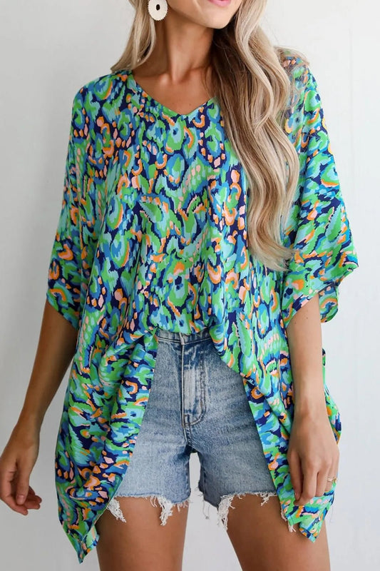 Abstract Print V Neck Half Sleeve Loose Fit Blouse – Turquoise for Shopify Collective (1 view)