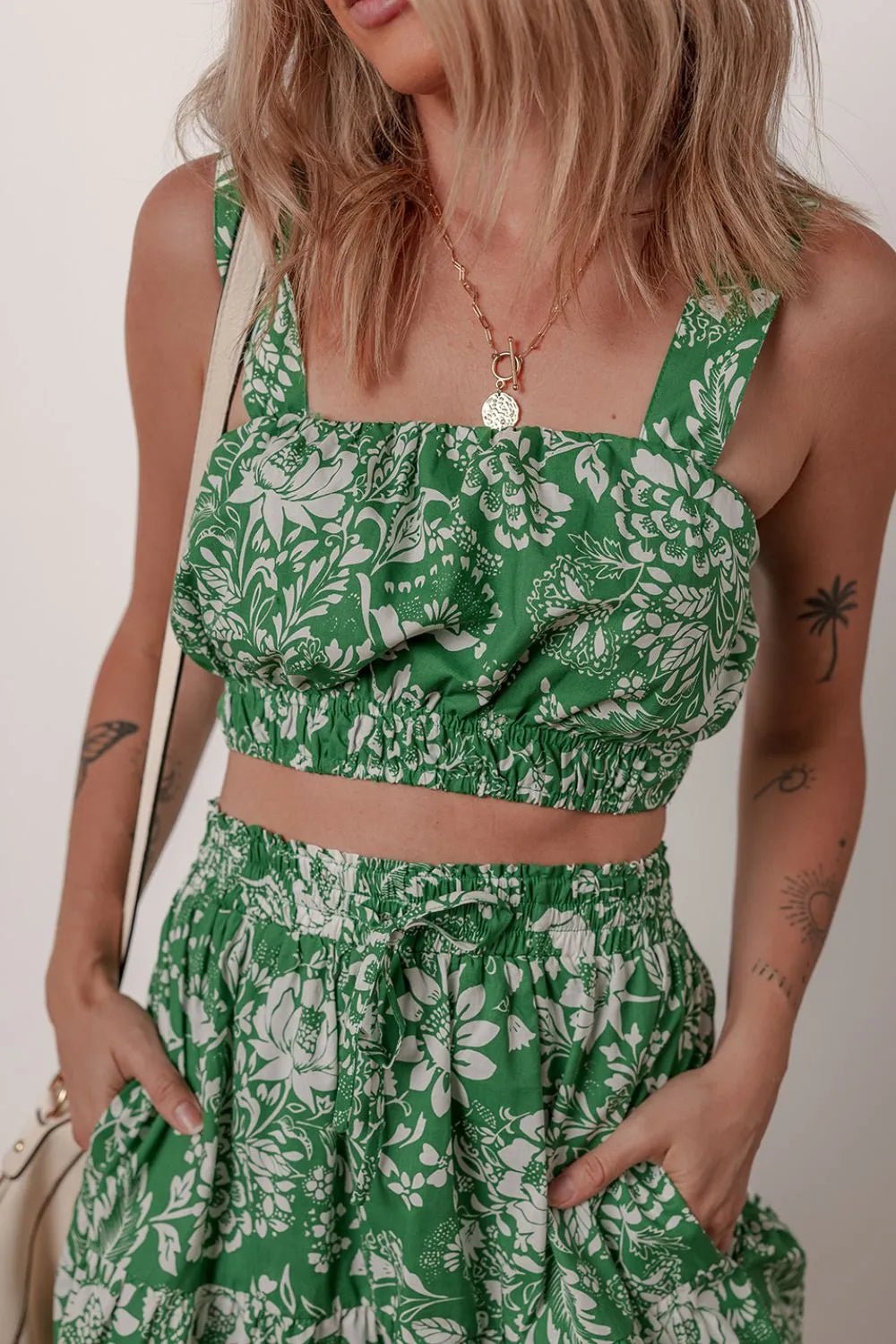 Floral Print Shirred Crop Top and Midi Skirt Set – Dark Green for Shopify Collective (6 view)