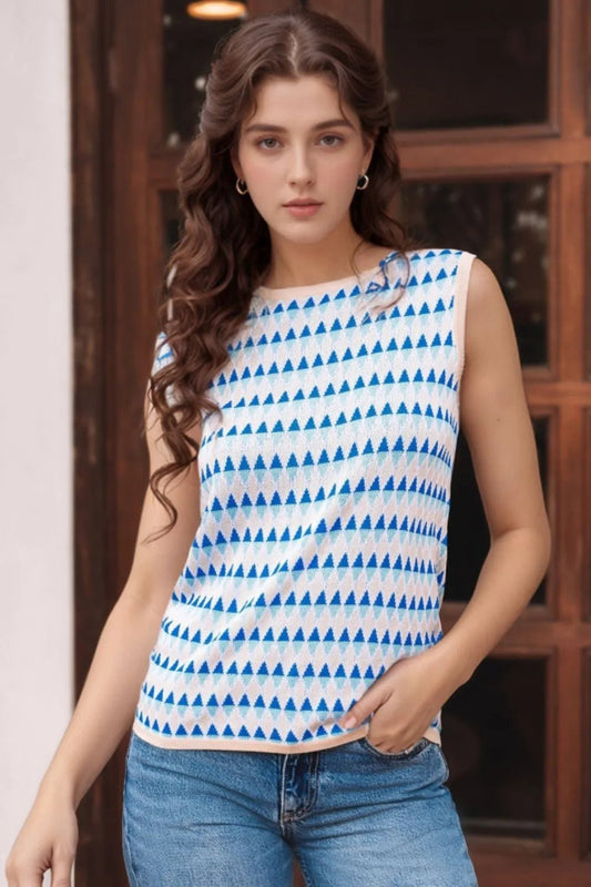 Stripe Geometric Print Round Neck Slim Fit Sweater Vest – Light Blue for Shopify Collective (1 view)