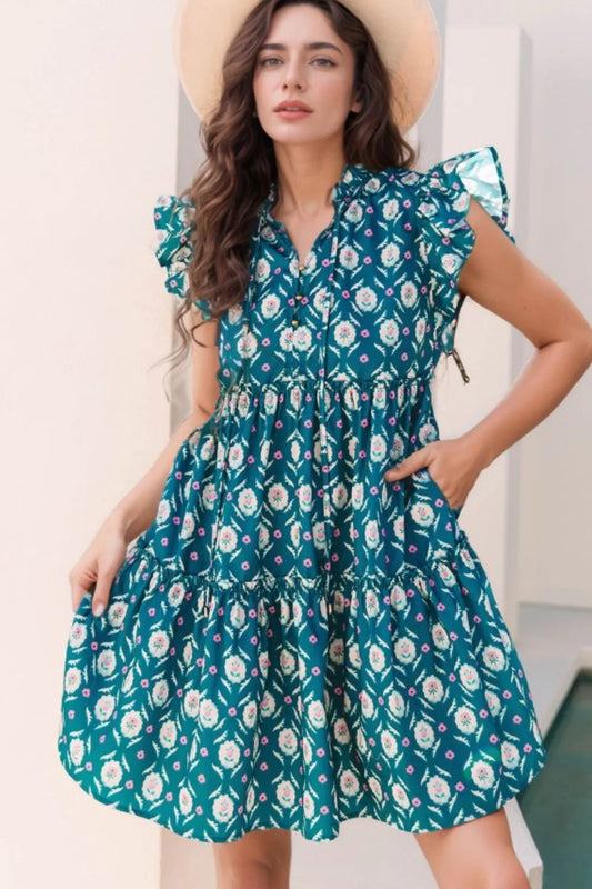 Printed Tie Neck Ruffled Cap Sleeve Dress – Floral for Shopify Collective (1 view)
