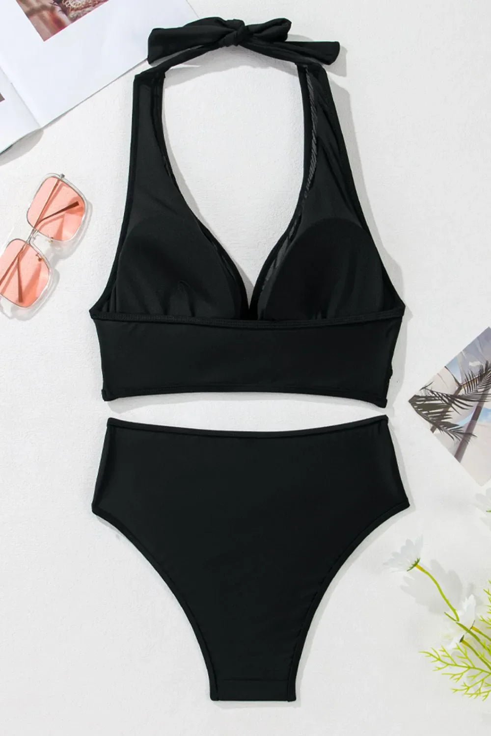 Sheer Mesh Edged Halter V Neck Push Up Bikini Set – Black for Shopify Collective (10 view)