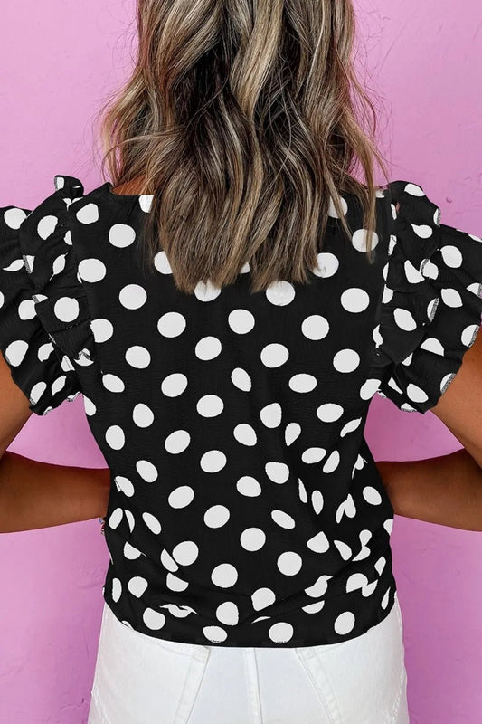Polka Dot V - Neck Ruffle Cap Sleeve Blouse – Black for Shopify Collective (2 view)