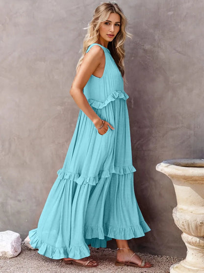 Ruffled Sleeveless Tiered Maxi Dress with Pockets – Sky Blue for Shopify Collective (21 view)