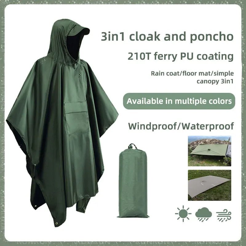 3 - in - 1 Military Rain Poncho – Waterproof Hooded Raincoat, Tent & Groundsheet | Camping & Survival Gear – Army green rain gear for extendedship (9 view)
