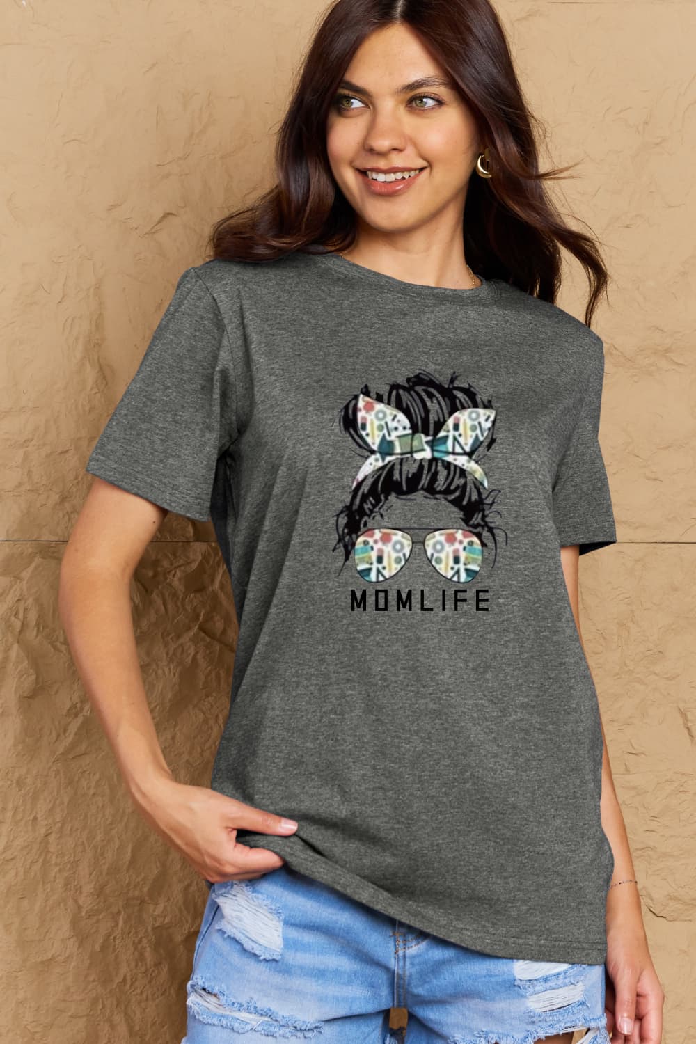 Simply Love Full Size MOM LIFE Graphic Cotton Tee – Charcoal Women's Top for Shopify Collective (13 view)