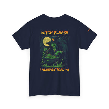 Navy blue t-shirt with witch graphic and text on a white background