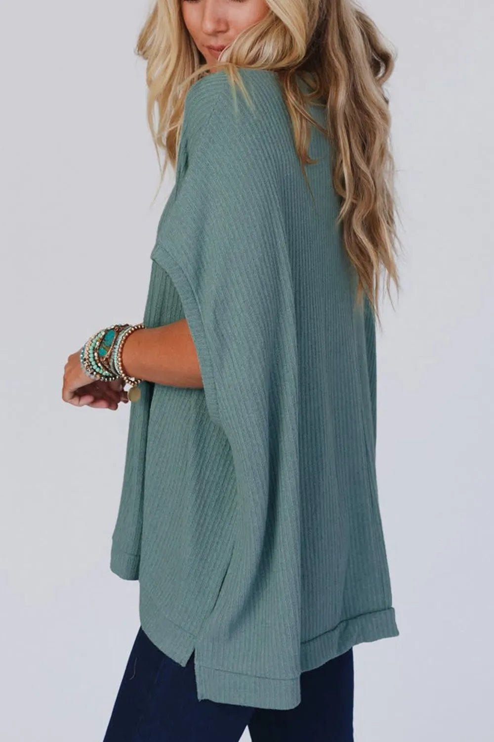 Oversized Ribbed Knit V Neck Dolman Short Sleeve Top – Air Force Blue by Simply Love