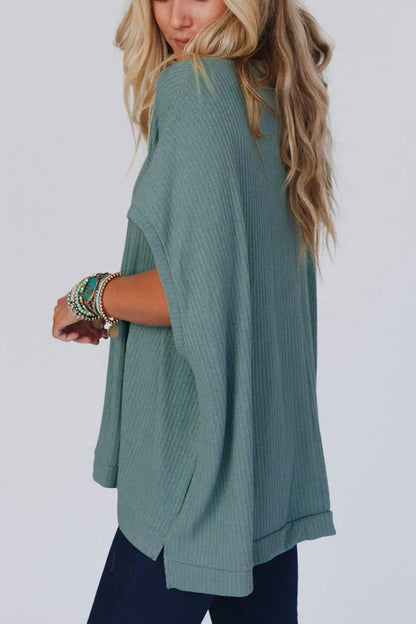 Oversized Ribbed Knit V Neck Dolman Short Sleeve Top – Air Force Blue by Simply Love