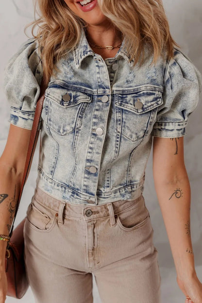 Wash Buttoned Chest Pocket Puff Sleeve Denim Jacket – Medium for Shopify Collective (1 view)