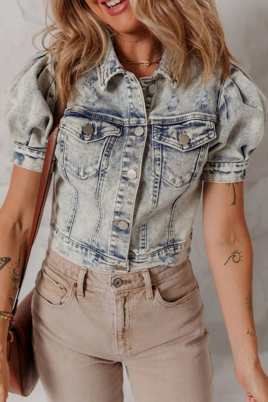Wash Buttoned Chest Pocket Puff Sleeve Denim Jacket – Medium for Shopify Collective (1 view)