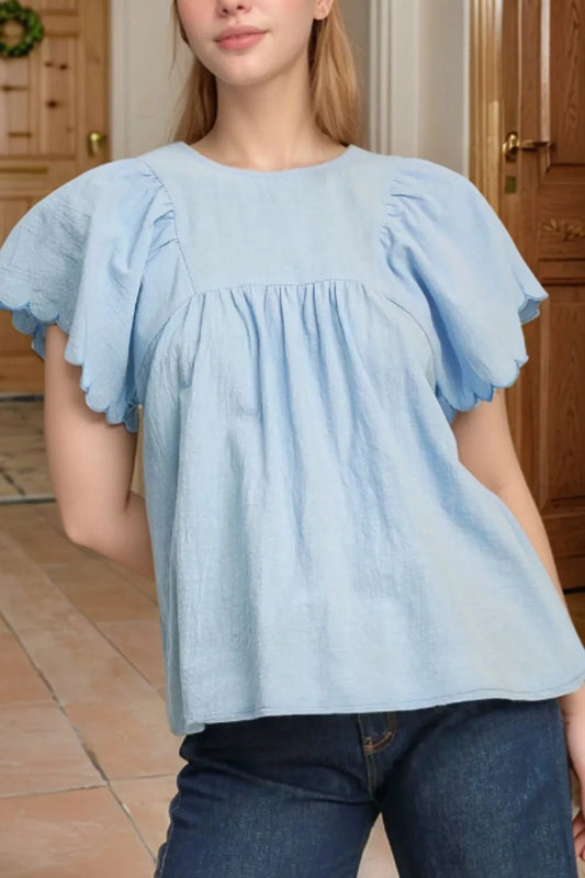 Solid Color Embroidered Scalloped Sleeves Crew Neck Blouse – Light Blue Women's Top for Shopify Collective (1 view)