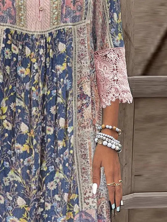 Full Size Lace Detail Printed Three - Quarter Sleeve Dress – Blush Pink for Shopify Collective (2 view)