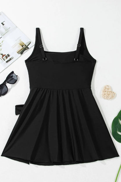 Side Tied Waist Square Neck Adjustable Straps A - line One Piece Swim Dress – Black by Simply Love