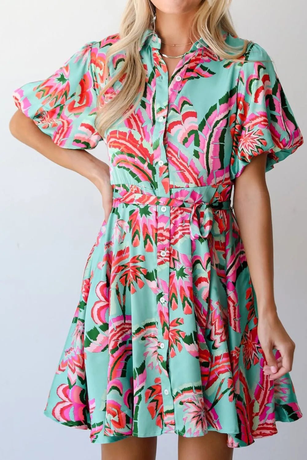 Abstract Print Lace - Up High Waist Buttoned Mini Dress – Floral for Shopify Collective (2 view)