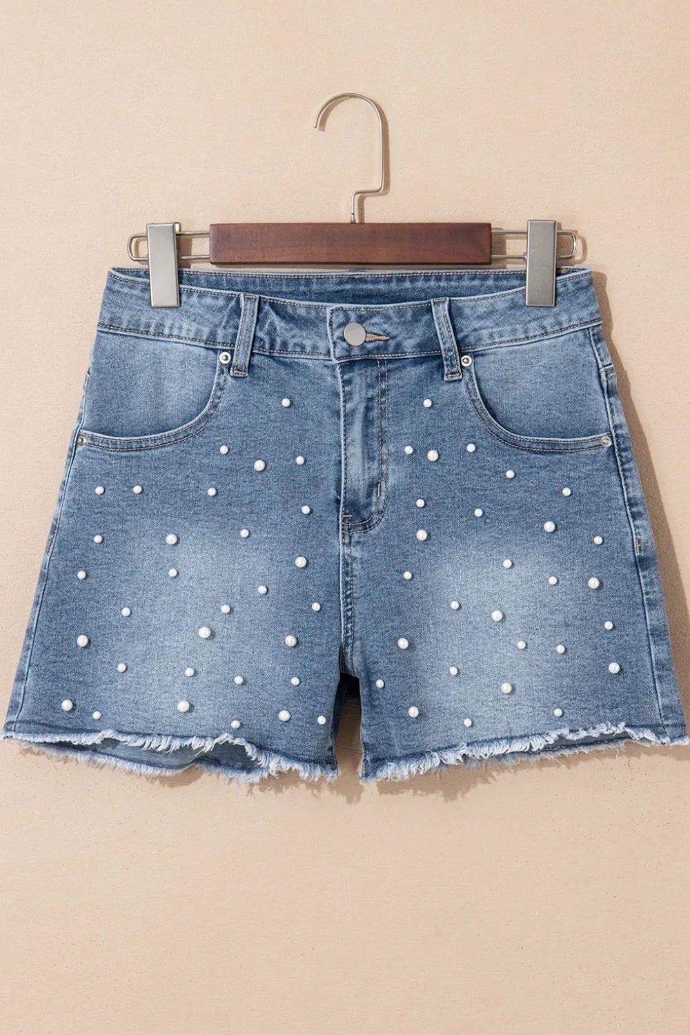 Pearl Beaded Raw Hem Wash Denim Shorts – Medium by Simply Love