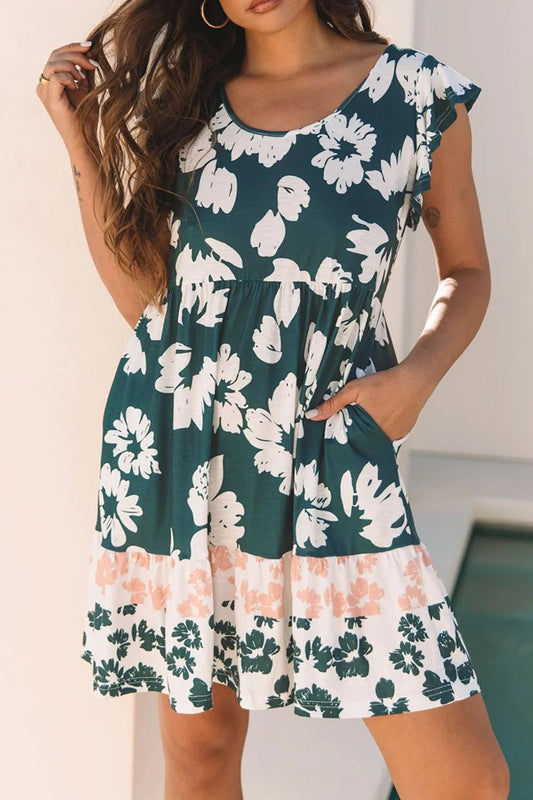 Floral Print Ruffle Sleeve Empire Waist Mini Dress – Dark Green for Shopify Collective (2 view)