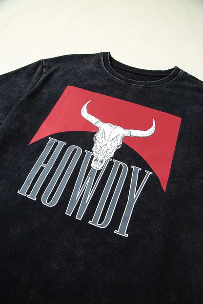 Western HOWDY Steer Head Print Side Slits Loose Fit T Shirt – Black for Shopify Collective (6 view)