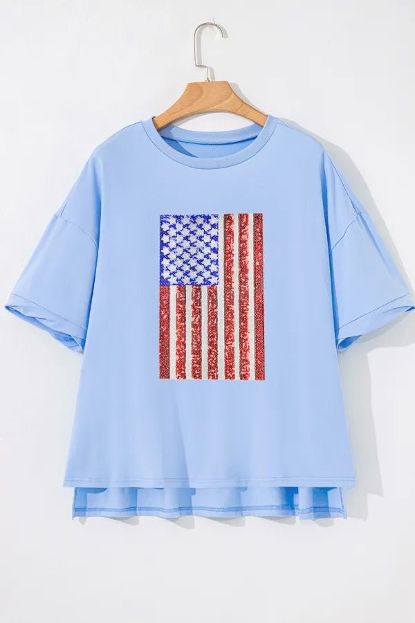 Sequined American Flag Dropped Shoulder T Shirt – Light Blue for Shopify Collective (3 view)