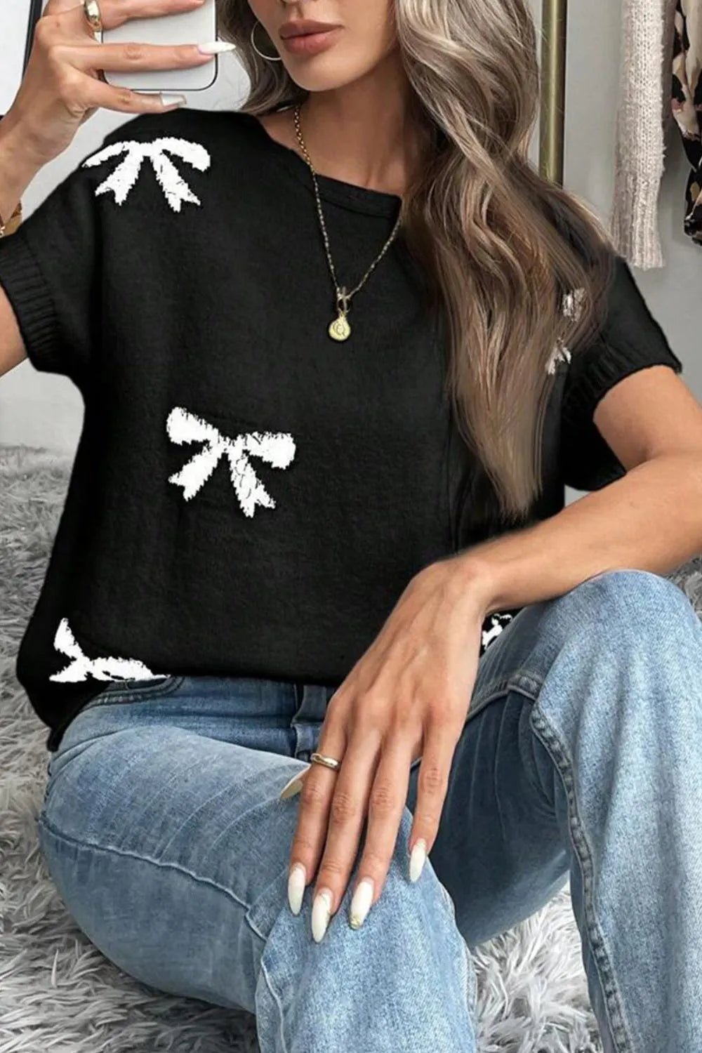 Bow Pattern Knit Short Sleeve Sweater – Black by Simply Love