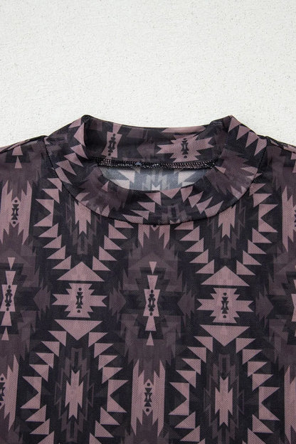 Aztec Print Mock Neck Short Sleeve Mesh T Shirt – Coffee Brown for Shopify Collective (6 view)