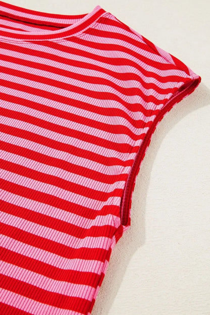 Stripe Ribbed Cap Sleeve Round Neck T Shirt – Strawberry for Shopify Collective (10 view)