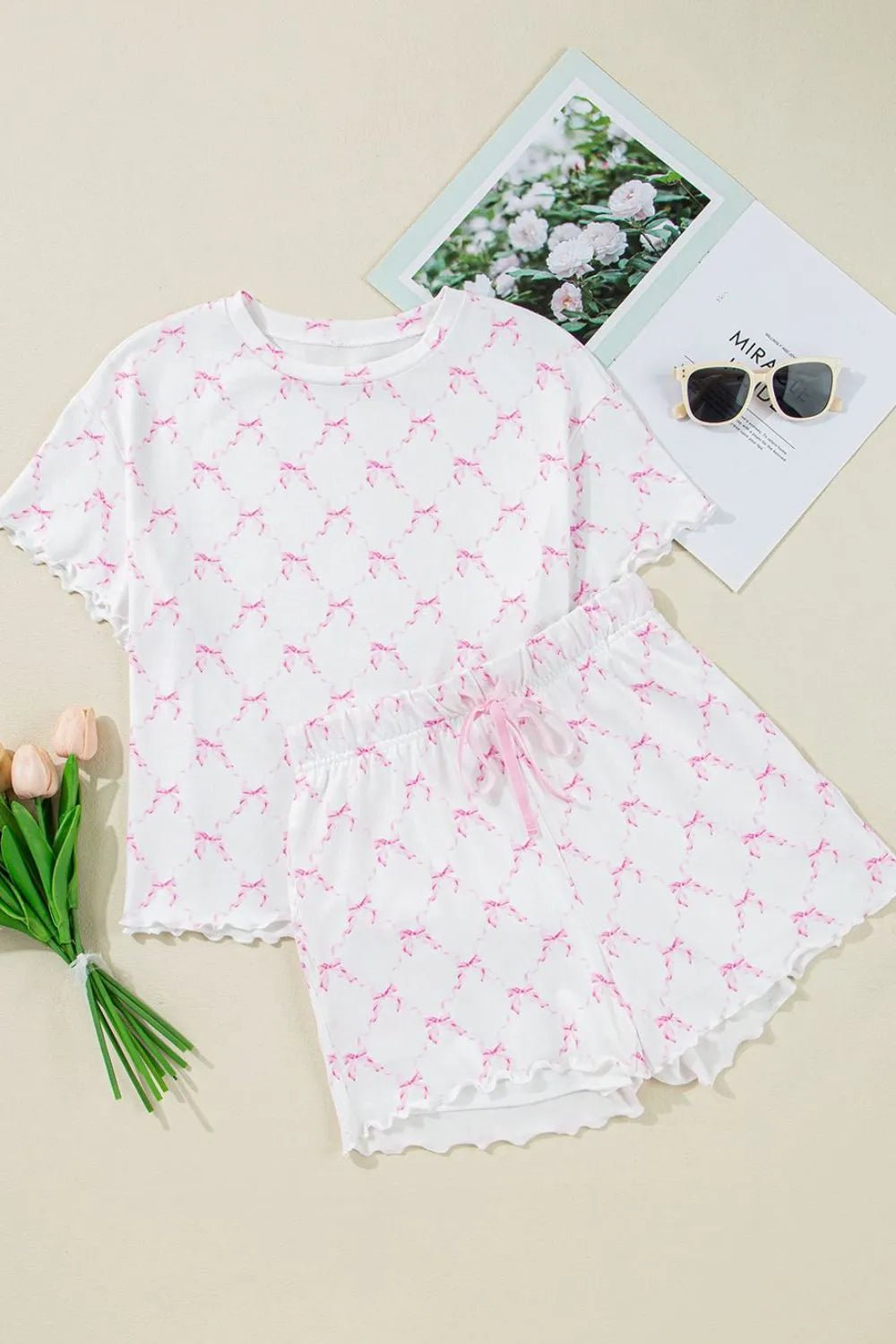Bow Print Lettuce Trim Round Neck Top and Shorts Lounge Set – Pink for Shopify Collective (6 view)