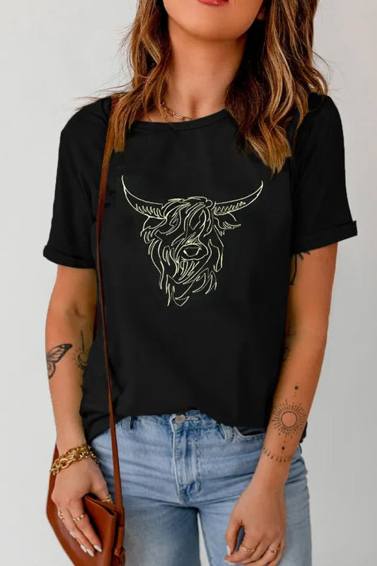 Bull Head Embroidered Round Neck T Shirt – Black for Shopify Collective (1 view)