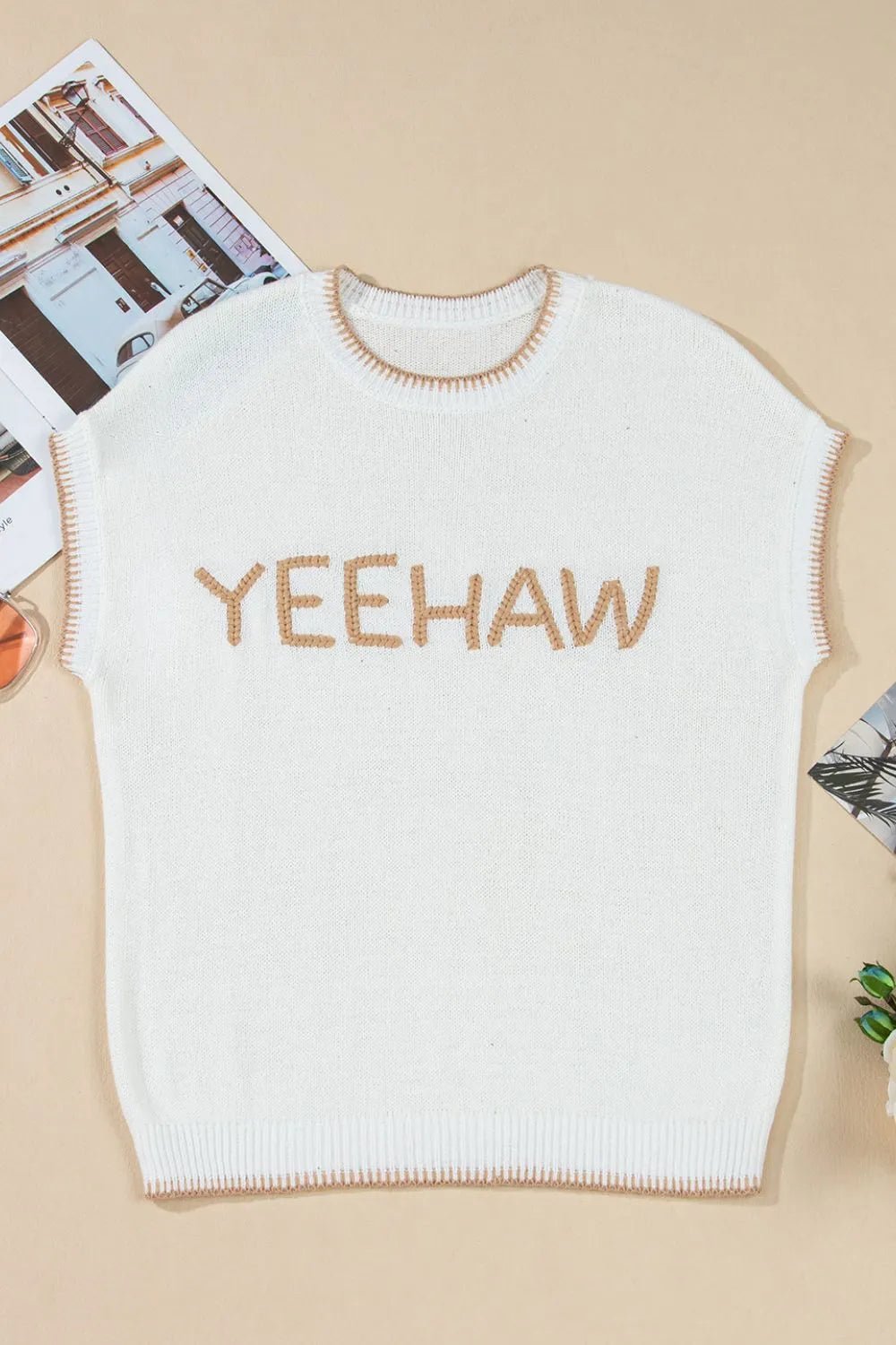 YEEHAW Stitch Edge Crew Neck Knit Top – White for Shopify Collective (6 view)
