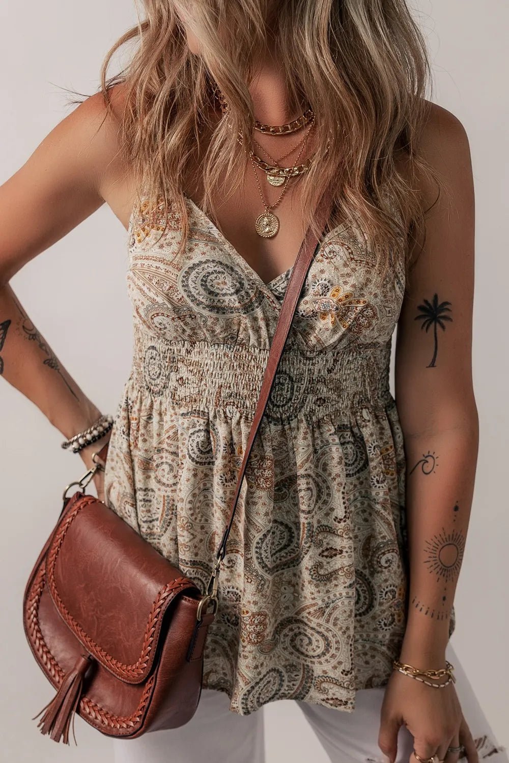 Paisley Printed Smocked Babydoll Cami – Khaki by Simply Love