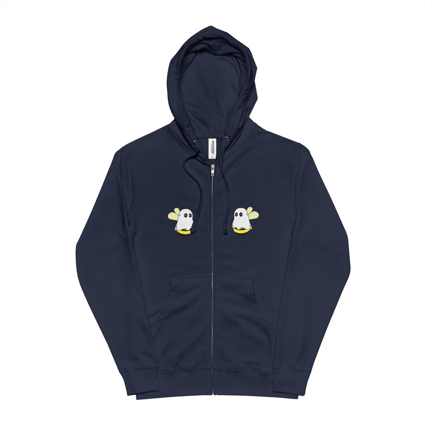 Navy blue hoodie with cartoon duck designs on a white background