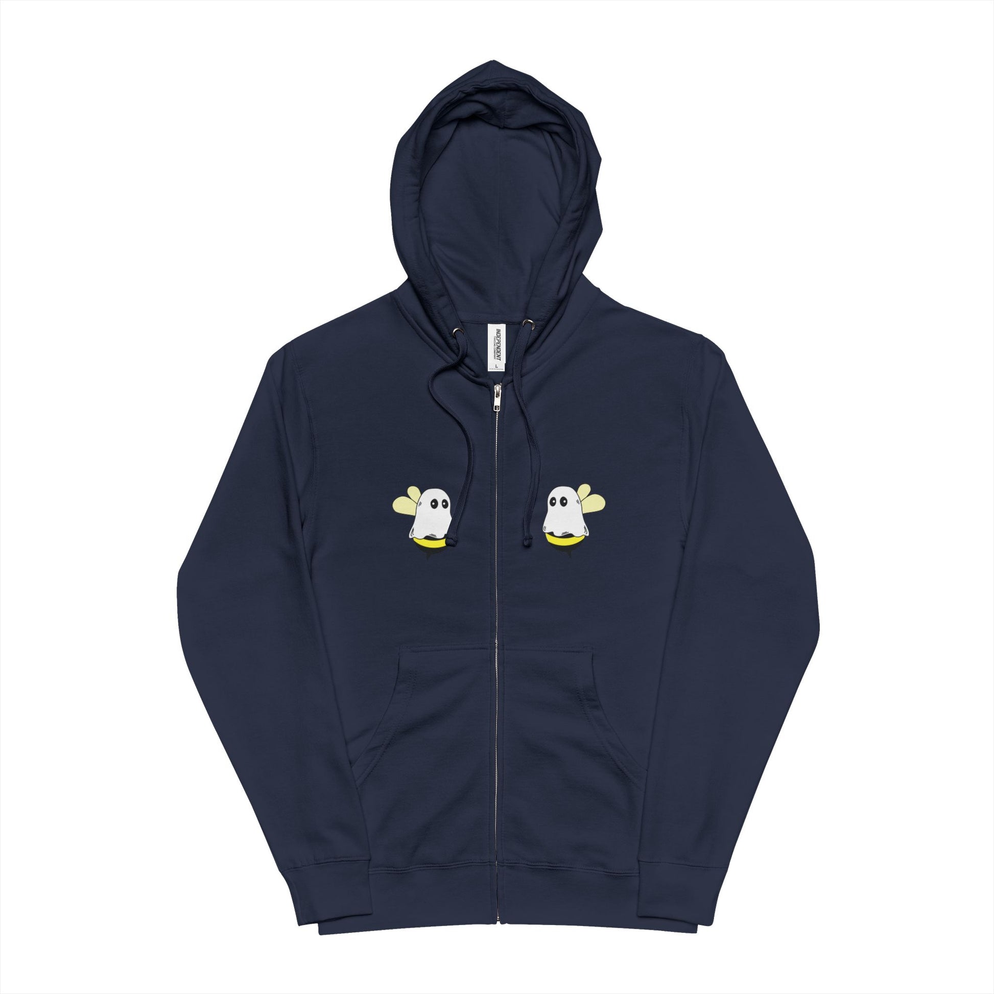 Navy blue hoodie with cartoon duck designs on a white background