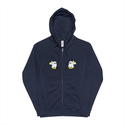 Navy blue hoodie with cartoon duck designs on a white background