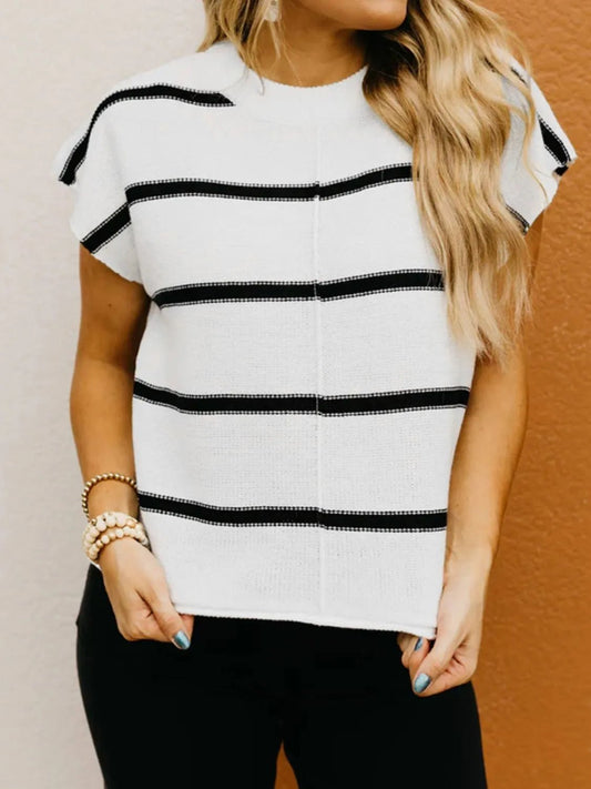 Striped Batwing Sleeve Knit Top – White by Simply Love